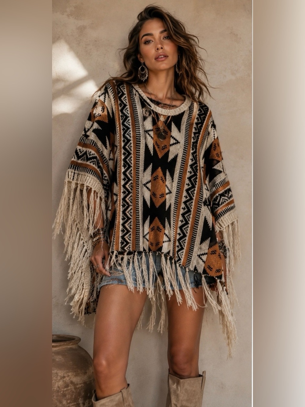 Ya Los Angeles Aztec Southwestern Fringe Poncho Knit Sweater NWT | Boho Festival